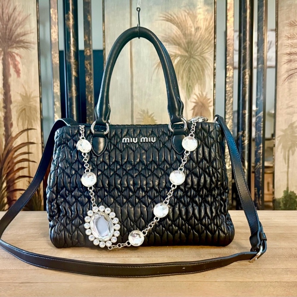 Miu Miu Black Matelassé Nappa Leather Crystal 2-Way Handbag Shoulder Tote Bag